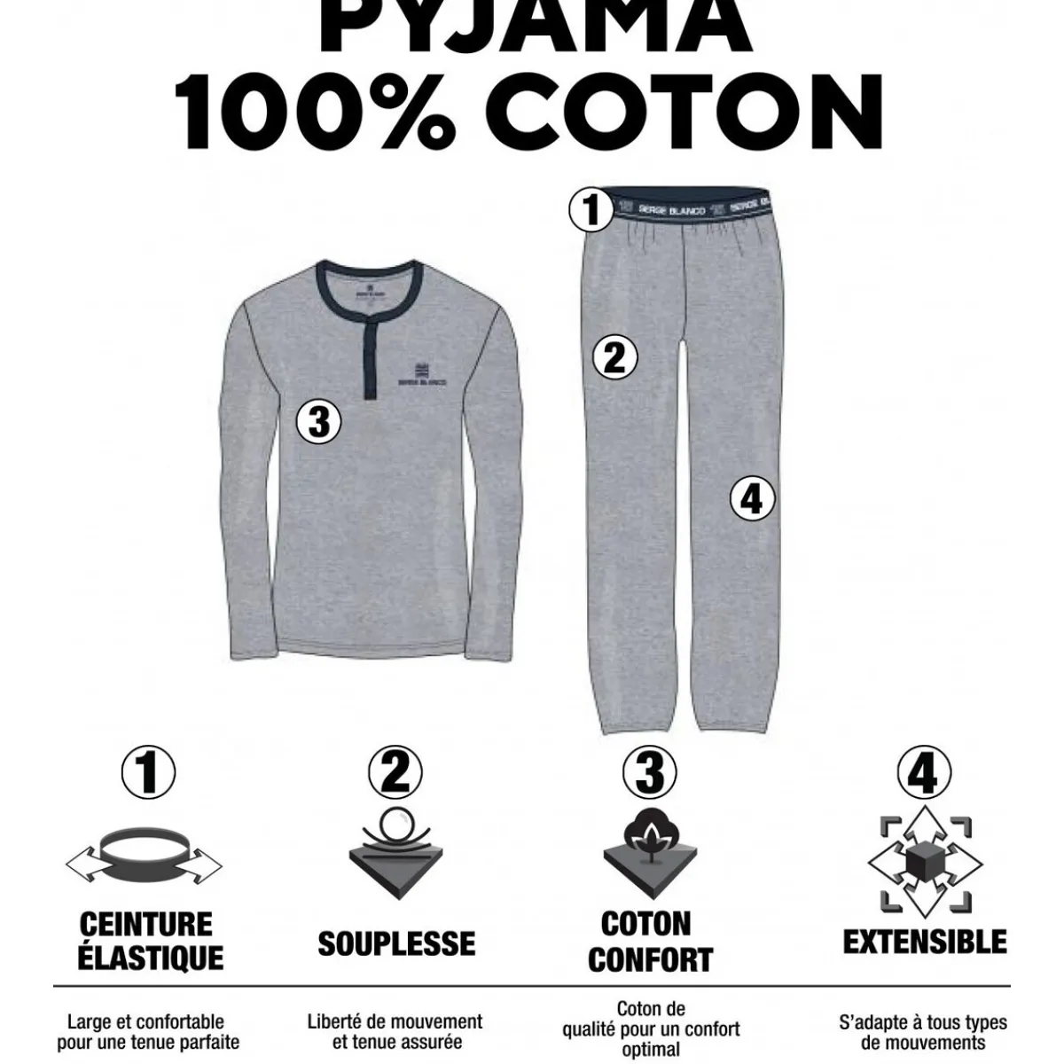 Serge Blanco Ensemble pyjama court homme avec t-shirt col V Dom-Homme Pyjamas