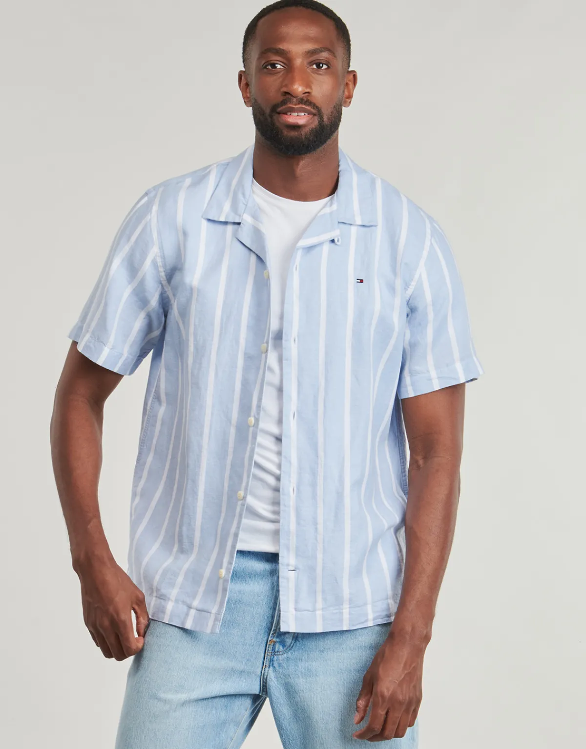 Tommy Hilfiger LINEN BLEND STRIPED SS RF SHIRT-Homme Chemises